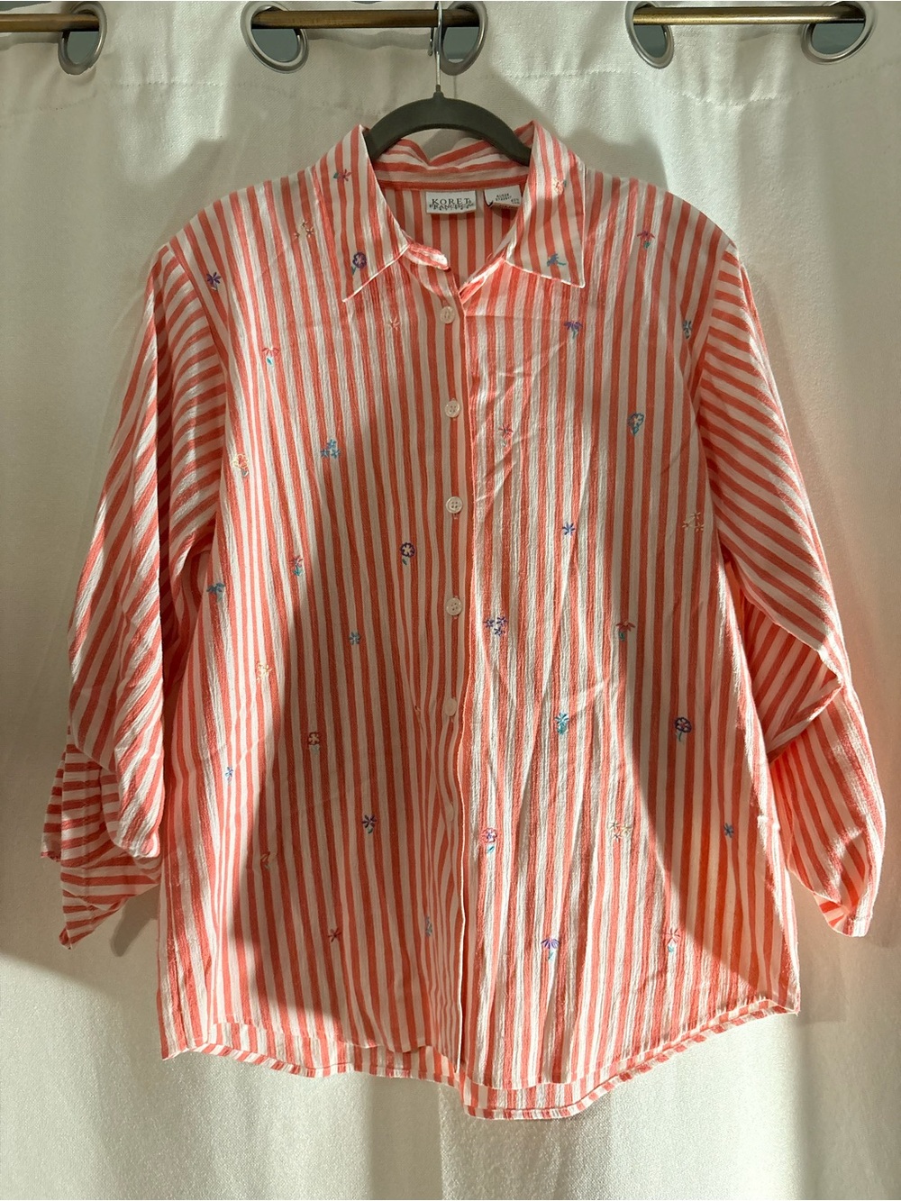 Vintage Koret Coastal Grandma Travel Coral-White Striped Button-Down Shirt